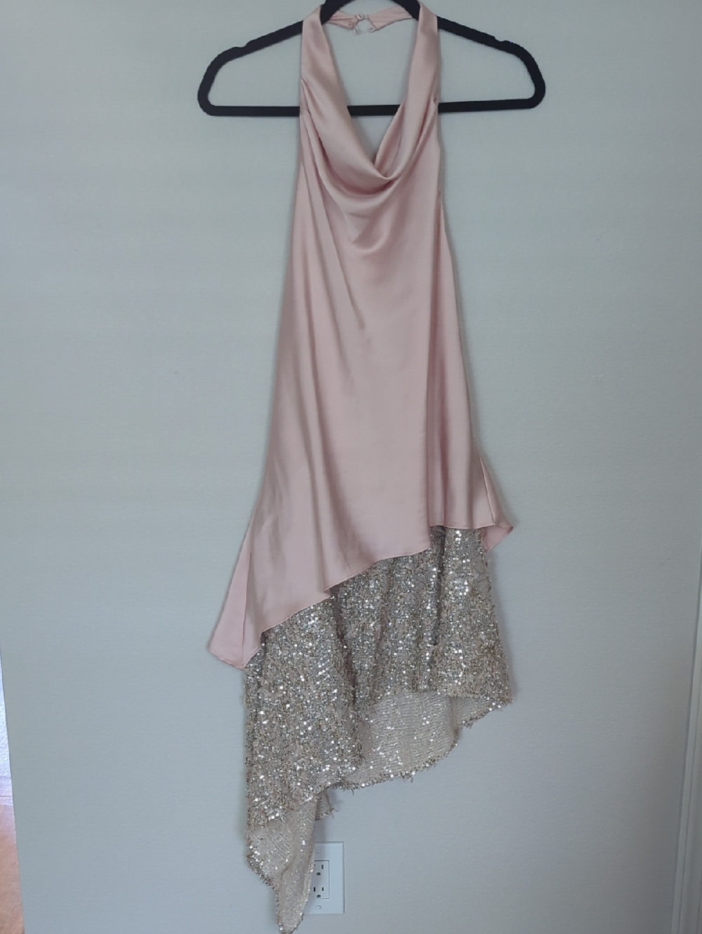 Zara Summer 2026 Pink Satin Halter Dress with Sequin Asymmetrical Hem